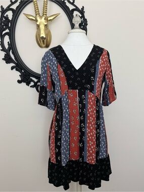 Others Follow V-Neck Patchwork Floral Dress  - Navy, Rust & Blue